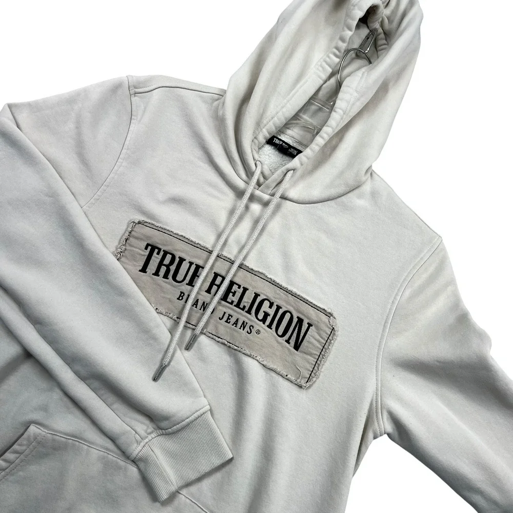 True Religion Hoodie Mens Large Cream Logo Patch Pullover Fleece Sweatshirt